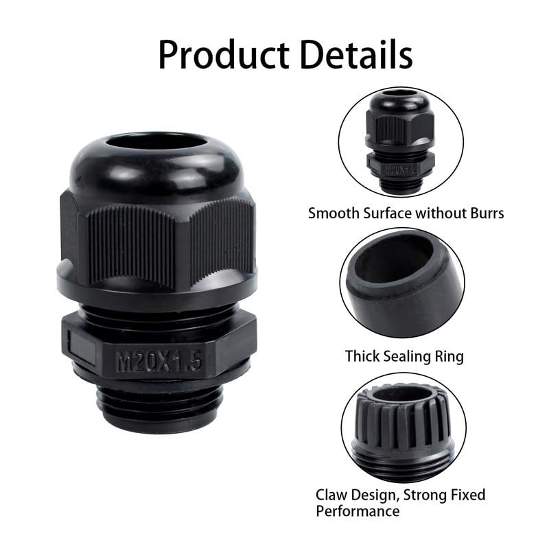 Runseaway 10PCS M20x1.5 Nylon Cable Gland Joints, Waterproof Adjustable 6-12mm