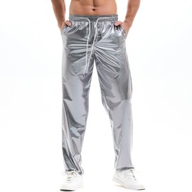 AMY COULEE Mens Metallic Shiny Pants Disco Rave Costume Sparkly Holographic Party Pants with Drawstring Pockets (L, Silver)