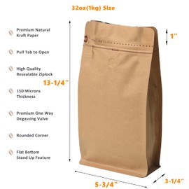 Wantpack Resealable Side Zipper Coffee Bags with Degassing Valve, High Barrier Natural Kraft Coffee Pouches with Aluminum Foil Liner, Ziplock Food Storage Bags, Longer Shelf Life (100, 32oz/2lb)