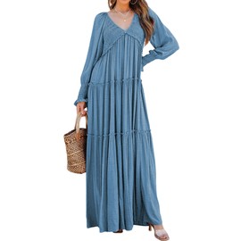 R.Vivimos Maxi Dress for Women Long Sleeve V Neck Empire Waist Layered Ruffle Boho Casual Flowy Long Dresses (Large, Blue)