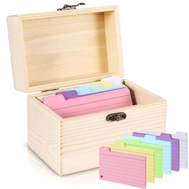 PCXWTLN Wooden Index Card Box with 150 6-Color Tabbed Divider Cards, Heavy Duty Recipe Card Holder Organizer, 4x6 Flash Card Storage Box for Study, Filing Office Revision Recipe Notes