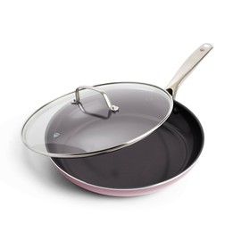 Blue Diamond 12" Nonstick Frying Pan with Lid, Diamond Infused PFAS & PTFE-Free Ceramic Skillet, Dishwasher & Oven Safe, Stay Cool Handle, Durable Non Toxic Metal Utensil Safe, Glass Lid, Pink