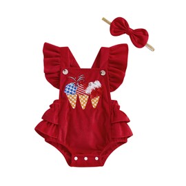 Sprifallbaby 4th of July Baby Girl Outfits Newborn Fly Sleeve Ruffled Bubble Romper My First Fourth of July Summer Bodysuit (Red Ice Cream, 0-3 Months)