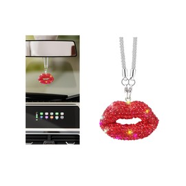 Bittwee Bling Lip Diamond Car Hanging, Crystal Rinestones Auto Rear View Mirror Charms Ornament, Lucky Vehicle Interior Pendant Decoration Accessories, Universal for SUV Sedan Truck(Red)
