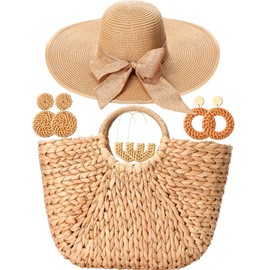 Loetere 5 Pcs Women Large Straw Beach Bag 5.5 Inch Big Bowknot Straw Beach Hat with Rattan Earrings Set Summer Handwoven Tote Bag Wide Brim Floppy Sun Hat Foldable for Summer Vacation Travel
