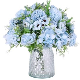 Nubry 3 piezas de flores artificiales, ramo de peonías de seda artificial, hortensias de imitación, flores silvestres, arreglos con tallos para decoración de bodas, centros de mesa para el hogar (Azul