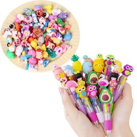 Pack of 10 Retractable Ballpoint Pens with 30 Cartoon Pen Caps - 4 Colours Mini Pens Creative Cute Pen Retractable Ballpoint Pen for Office School Supplies for Children Students Homework School Office