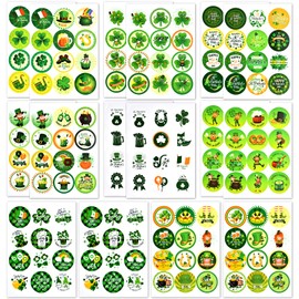 16 Sheets St. Patrick's Day Stickers for Kids Adults - 192 pcs Assorted Green Shamrock Leprechaun Clover Self-Adhesive Decorative Seal Labels for Irish Holiday Party Favors Pot-o-gold Decorations