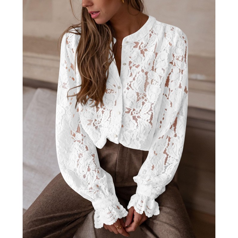 PRETTYGARDEN Women's Dressy Casual Lace Blouse Long Sleeve Button Up