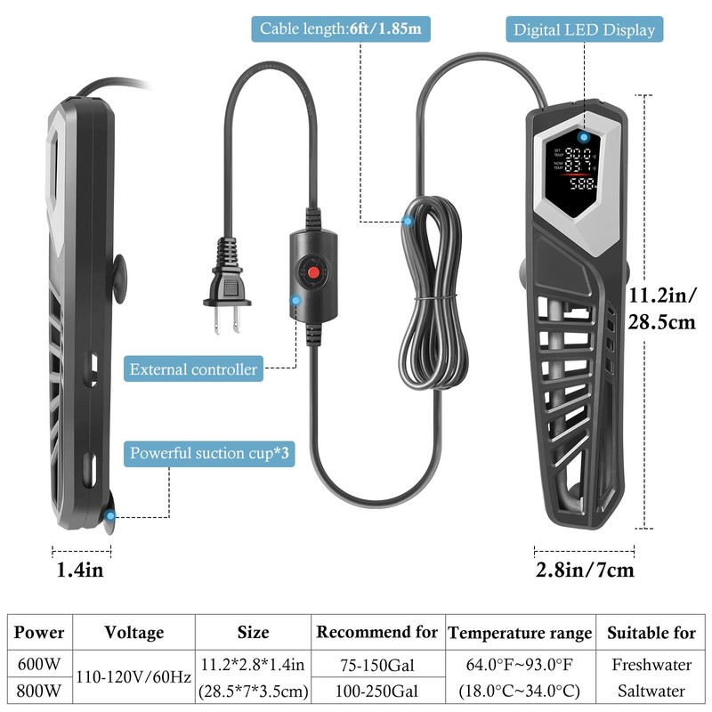 HITOP 800W Titanium Aquarium Heater: Digital Fish Tank Heater with