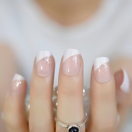 CoolNail Nude White French False Fake Nails Shimmer Glitter Decor Squoval Nail Tips Full Cover Faux Ongle Acrylic Artificial Wear Nails