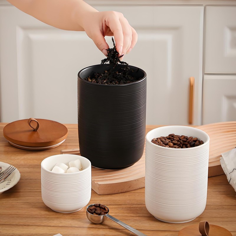 Food Storage Jar Strong Ceramic Storage Canisters with Airtight Wooden