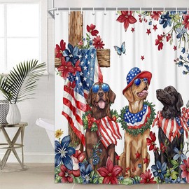 BATRUG 4th of July Dog Shower Curtain, Red White and Blue Patriotic Memorial American Flag Independence Floral Shower Curtain Sets, Rustic Holiday Waterproof Fabric Bath Curtains with Hooks, 70X70IN