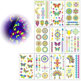 GNHG 10 Pcs Temporäre Tattoos Blätter Leucht Tattoo Unter Neon Uv Schwarzlicht,Festival Tattoos,Glow Uv Schwarzlicht Neon Party Für Erwachsene Teenager Kinder,Hautfreundlich Klebetattoos