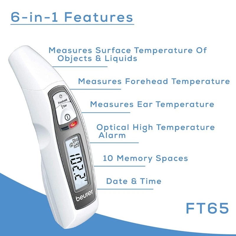 Beurer FT65 3-in-1 Digital Thermometer - Non-Contact Infrared Thermometer w/Memory