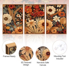 Aurlan Boho Burnt Orange Terracotta Wildflowers Framed Wall Art(24"x36"), 3 PCS Abstract Floral 3D Textured Canvas Artwork, Large Modern Vintage Botanical Nature Art Wall Decor for Home Office Living Room Bedroom