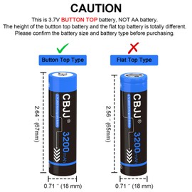 CBJJ 3.7 Volt 18650 Rechargeable Battery 3200mAh 3.7V Battery Button Top High Capacity Batteries for Flashlight, Headlamp, 4 Pack