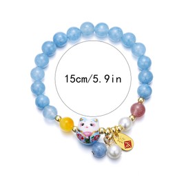 Feng Shui Lucky Cat Bracelet with Blue Crystal & Ceramic Cat Pendant