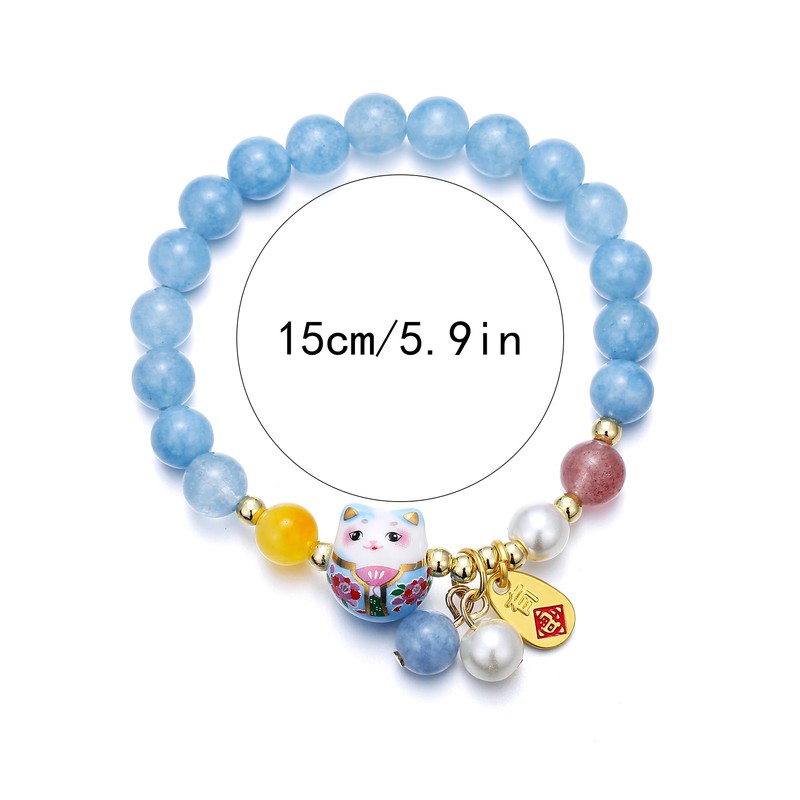 Feng Shui Lucky Cat Bracelet with Blue Crystal & Ceramic