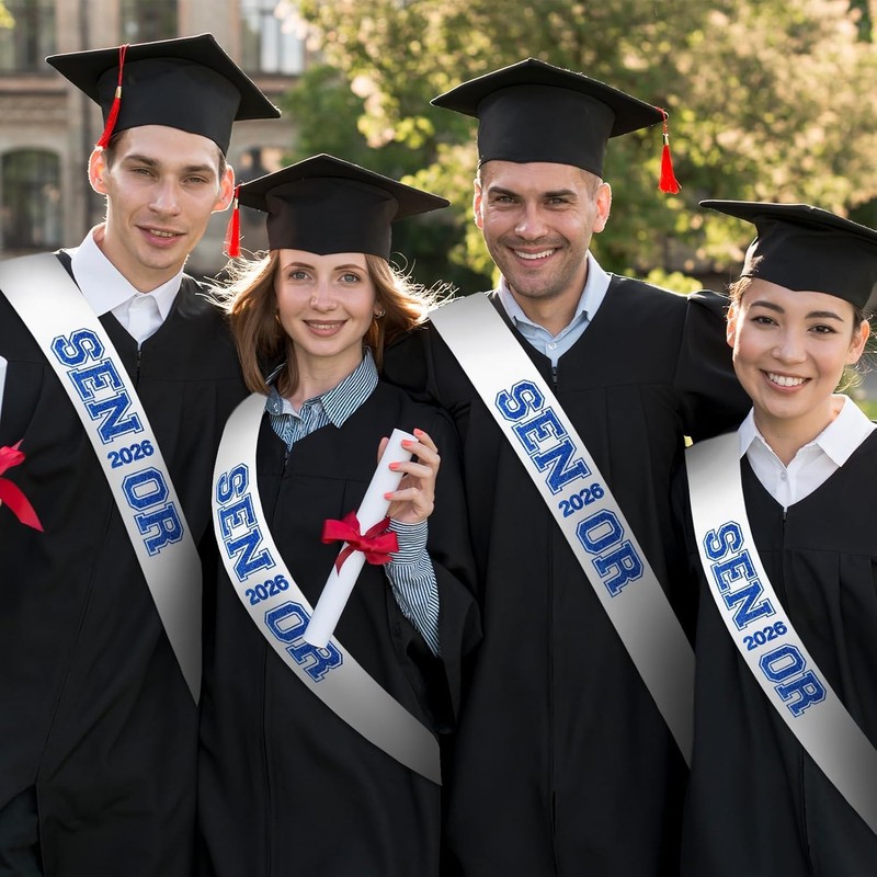 6PCS White Senior 2026 Sashes with Royal Blue Glitter Printing