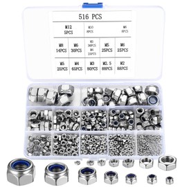 516 Pcs Nylock Nuts, Self Locking Nuts, Nylon Insert Lock Nuts, Stainless Steel Hex Nuts, Thread Hexagon Nuts with Nylon Inserts for Bolts, Screws, Components, M2 M2.5 M3 M4 M5 M6 M8 M10 M12 (银色)