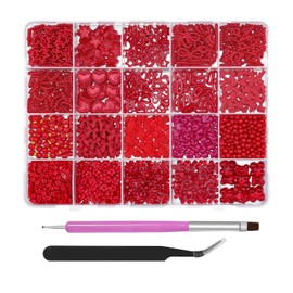 3D Assorted Chunky Nail Charms and Gems Kit, Pearls Bows Heart Star Cute 3D Flowers Rose Bear Macaron Round Beads Embellishments for Nail Art, Craft with Tweezer and Pickup Brush (5-20 Grids-Red)