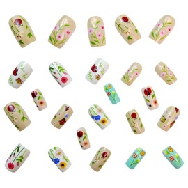 24Pcs Medium Short Fake Nails Coffin Square French Tip Short Press On Nails with Nude White Red Butterfly Designs Full Cover Glossy False Nails,Acrylic Thick Glue on Nails, Stick on Nails For Women Daily Events Y635
