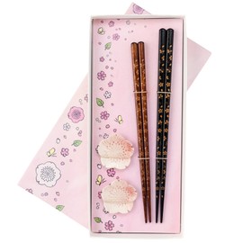 S-86133 Chopsticks, Dishwasher-Safe, Natural Wood, Pair Set, 9.1 inches (23 cm), 8.3 inches (21 cm), Chopstick Rest Included, Carved Cherry Blossom Tree, Black, Red, Made in Japan