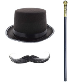 Zac's Alter Ego Fancy Dress Victorian Top Hat, Moustache & 70s Pimp Stick/Staff/Cane - World Book Week/Day