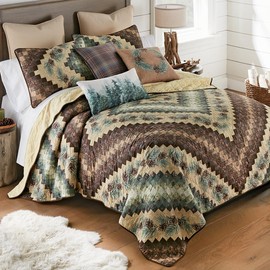 Black Forest Décor Willow Pine Quilt Bed Set - Queen, Rustic Lodge Style Bedding with Diamond and Pinecone Pattern, Machine Washable