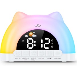 OQIMAX Children's Alarm Clock, Digital Alarm Clock Children for Girls Boys, Sleep Trainer Children with 11 Night Lights & 10 Relaxation Music, Snooze, 2 Alarms, Brightness and Volume Adjustable