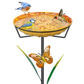 FaloStwer 35In Metal Bird Bath for Outdoors, Easy to Clean Birdbaths with Removable Bowl Stable Upgrades Stake, Freestanding Bird Baths Feeder Bowl for Outdoors Garden Patio Yard Lawn Decor (Yellow)