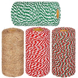LATERN Pack of 4 Christmas Jute Cords and Cotton Cord Rolls, 1312 Feet Red White Green Cotton Cord Jute Twine Wrap Rope Cord for Christmas DIY Crafts Christmas Gifts Gifts Baking