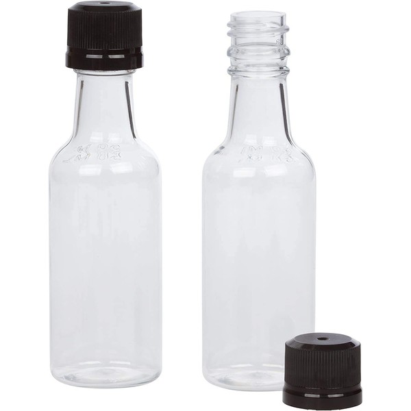 Mini Liquor Bottles 50ml Mini Empty Plastic Alcohol Shot Bottles (Case of 25, Black Cap)