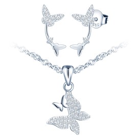 CPSLOVE Creative Women's Butterfly Chain Pendant Earrings 925 Silver Jewellery Sets Fashion Double Butterfly Zircon Necklace and Stud Earrings for Girls, Sterling Silver, Zircon gemstone.