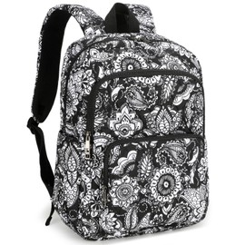 Searock Quilted Backpack for Women Large Cotton Traveling Dackpack Lightweight College Bookbag With Trolley Sleeve-Black/White