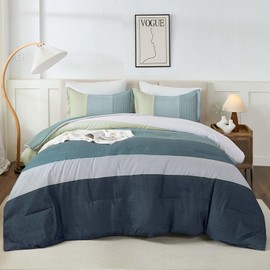 WONGS BEDDING Comforter Set King Size, Blue Striped Patchwork Comforter for King Bed,3 Pieces (1 Comforter+2 Pillowcases) Soft Microfiber Bedding Set for All Season (104"x90")