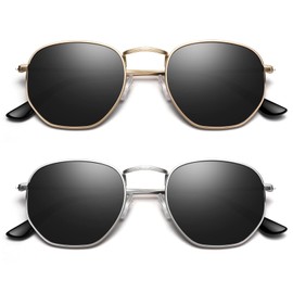 Sunier Polarized Sunglasses Women Men, Trendy Square Sun Glasses, Ultralight Hexagon Frame with UV400 Protection, 2pack-gold Grey+silver Grey, Medium