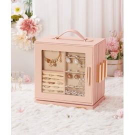 Homde Jewelry Box 360° Rotating, Necklace Earring Organizer with Transparent Window, Mirror, 7 Drawers, Large Ring Display Storage Case for Girls Women (Peach Pink)