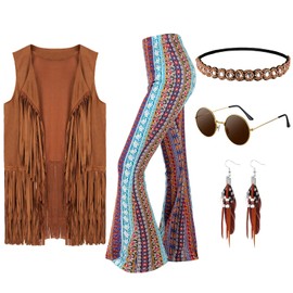 Leumoi 5 Pcs 60s 70s Costume for Women Disco Outfits Hippie Accessories Fringe Vest Boho Flared Pants Set for Halloween(Medium,Retro)