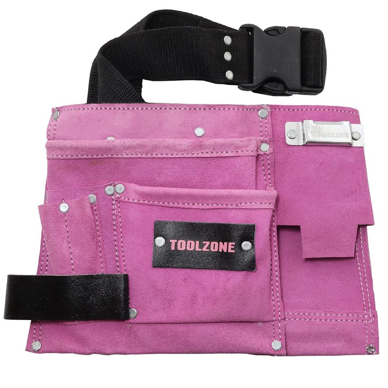 Toolzone 11 Pocket Pink Double Leather Tool Pouch Includes Tape/Hammer
