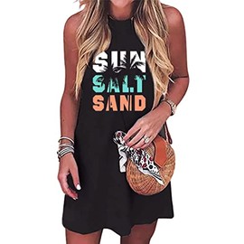 Sun Salt Sand Coconut Tree Mini Dress Women Summer Sleeveless Vacation Tank Dress Beach Praty Shirts Dress(Black2,XL)