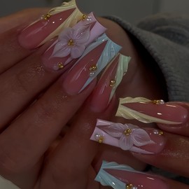 Long Press on Nails Square French Tip Fake Nails with 3D Flower Rhinestone Designs Full Cover Stick on Nails for Women Manicure Decor 24 Pcs (Blue-20, L-20)