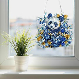 SENQAO Panda Diamond Art Hanging Kit for Adult, Special Shaped Rhinestone, DIY Acrylic 5D Diamond Art Painting Window Pendants Home Garden Wall Hanging Kits Hanging Ornament
