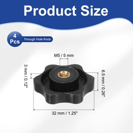 PATIKIL M5 x 32mm Thread Clamping Nuts, 4 Pcs 6 Star Knob Screws Female Thread Screw-On Grip Handle Nuts for Umbrella Base Replacement, Black