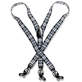 Men's PLAID Design BLACK GREY WHITE SUSPENDERS Y Shape Elastic Buttons & Clips
