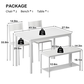 DlandHome Dining Table with 2 Chairs and 1 Bench Dining Room Sets for 4 Soho Dining Table and Chairs Set,Rectangular Space-Saving Dinner Table with Two Benches for Kitchen, White