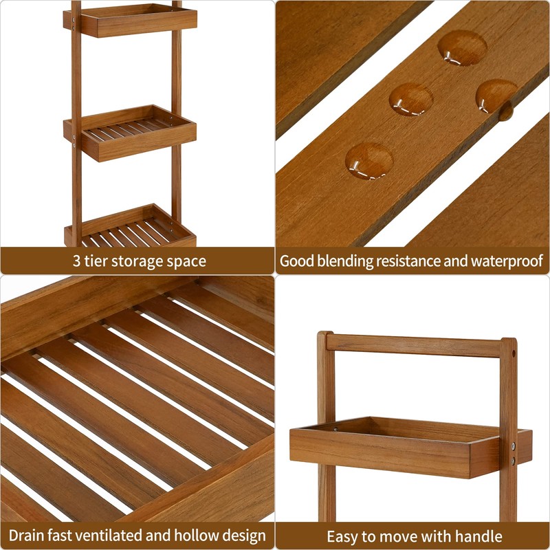 Utoplike Teak Shower Caddy Corner, 3 Tier Standing Shower Organizer