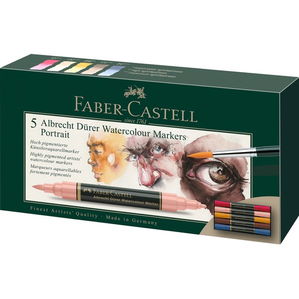 Faber-Castell Albrecht Dürer 160307 Watercolour Marker with Double Tip for Flat and Precise Paint Application, Pack of 5, Portrait, Colourful