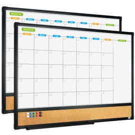 JILoffice Magnetic Calendar Whiteboard & Bulletin Corkboard Combination, Combo Board 24 x 18 Inch, 2 Pack, Black Aluminum Frame Wall Mounted Board for Office Home and School with 10 Push Pins